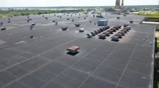 Drone aerial of a large commercial membrane roof captured during a Ramtech inspection.