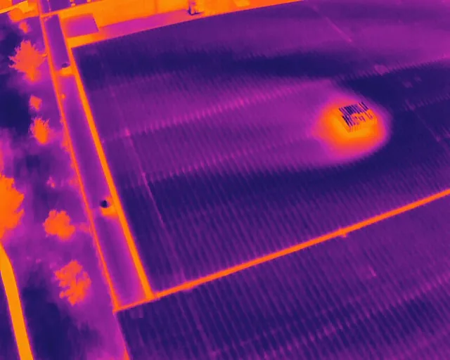 Thermal image of a commercial roof showing a warm area that flags possible trapped moisture.