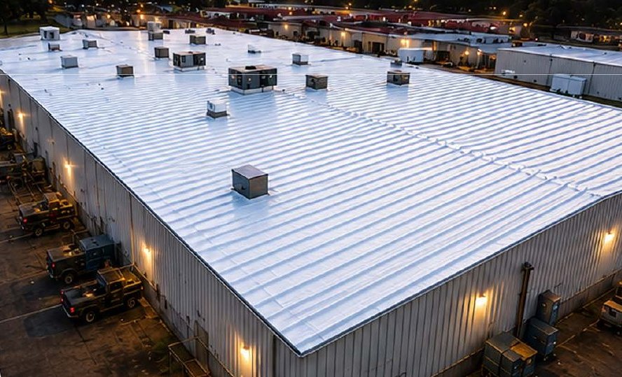 Completed reflective metal roof restoration on the Malakoff manufacturing facility at dusk