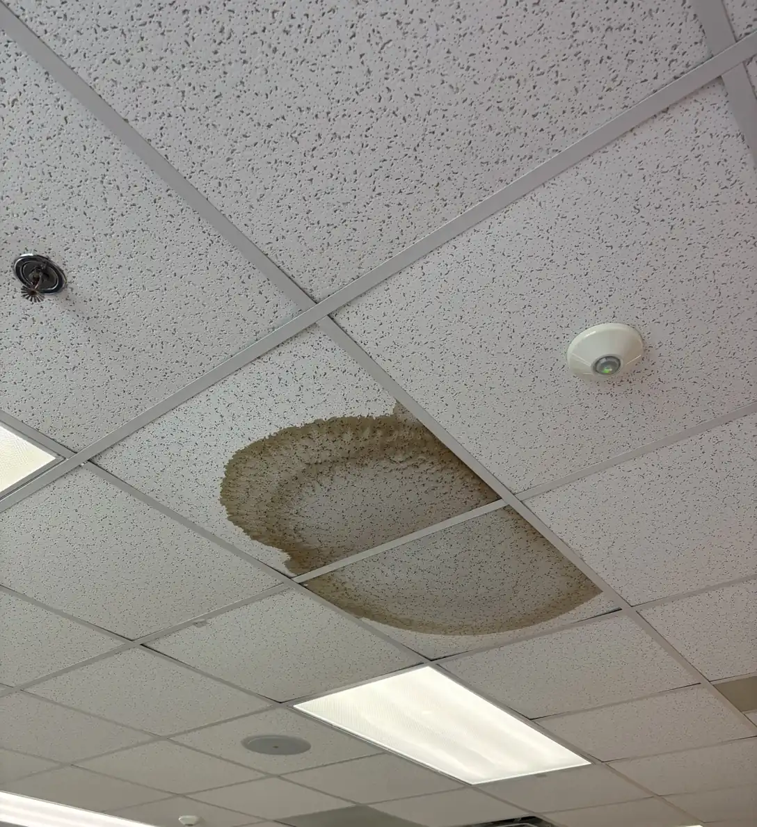 Water-stained ceiling tile inside a classroom from a roof leak