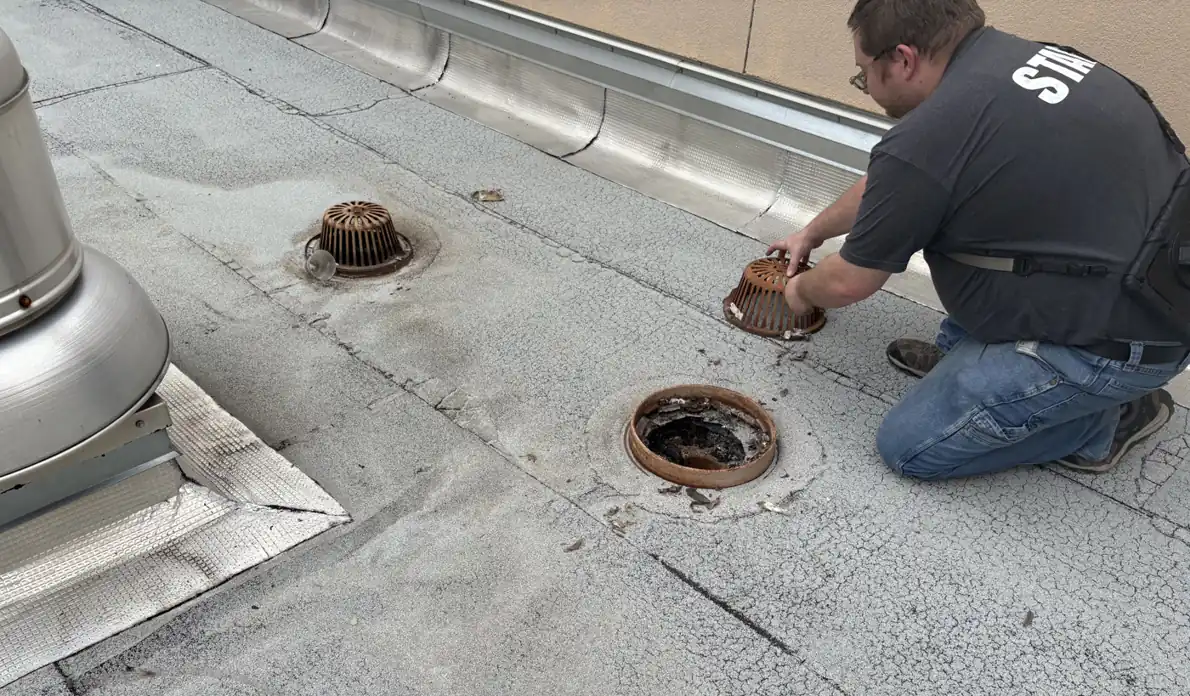 Ramtech technician repairing a roof drain on a school roof