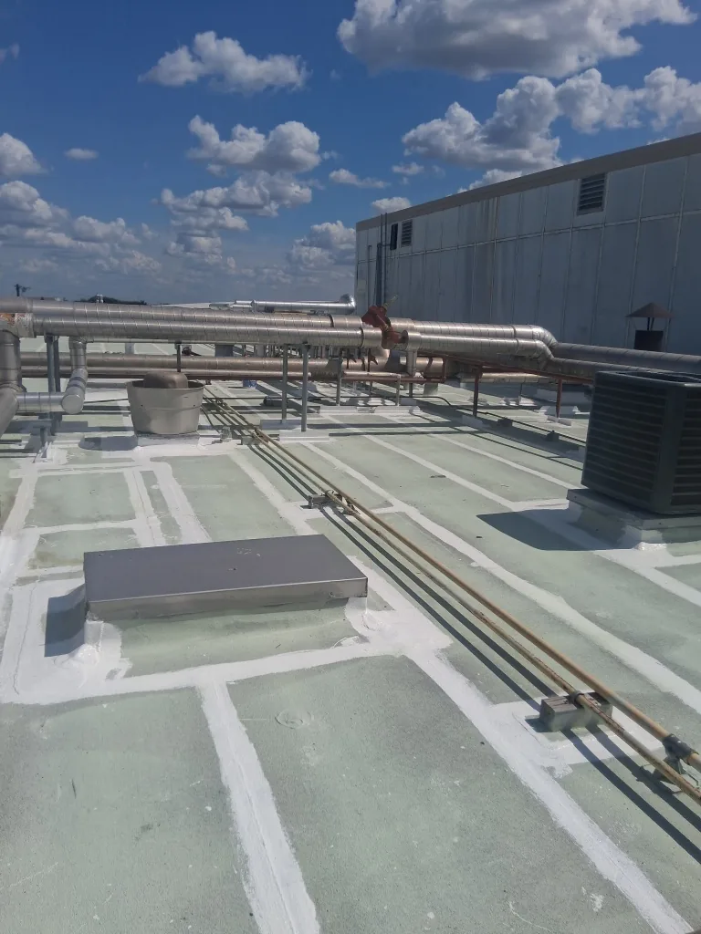 Restored white roof with walk lanes and pipe supports at a food processing facility