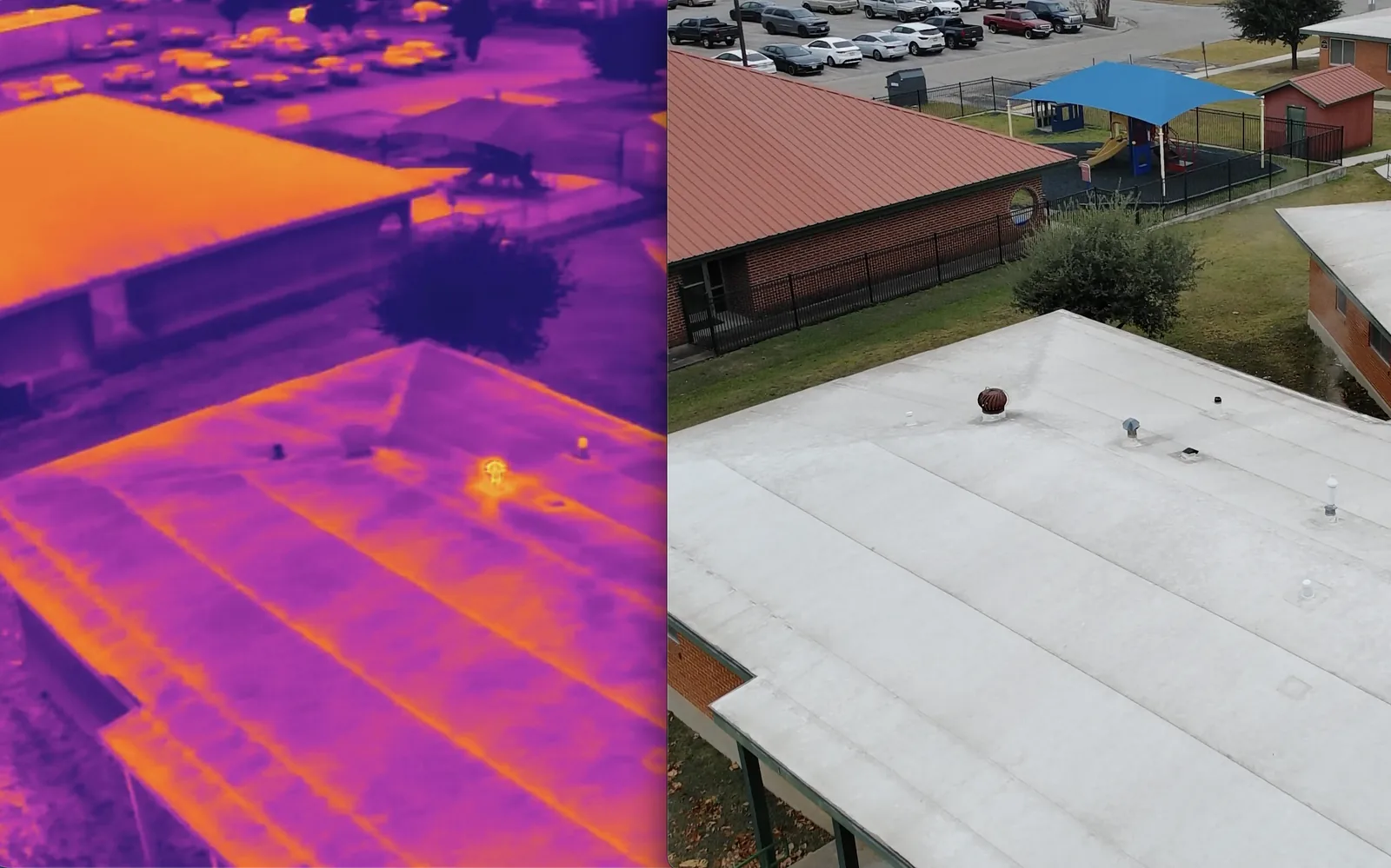 Side-by-side thermal infrared and standard aerial views of a roof